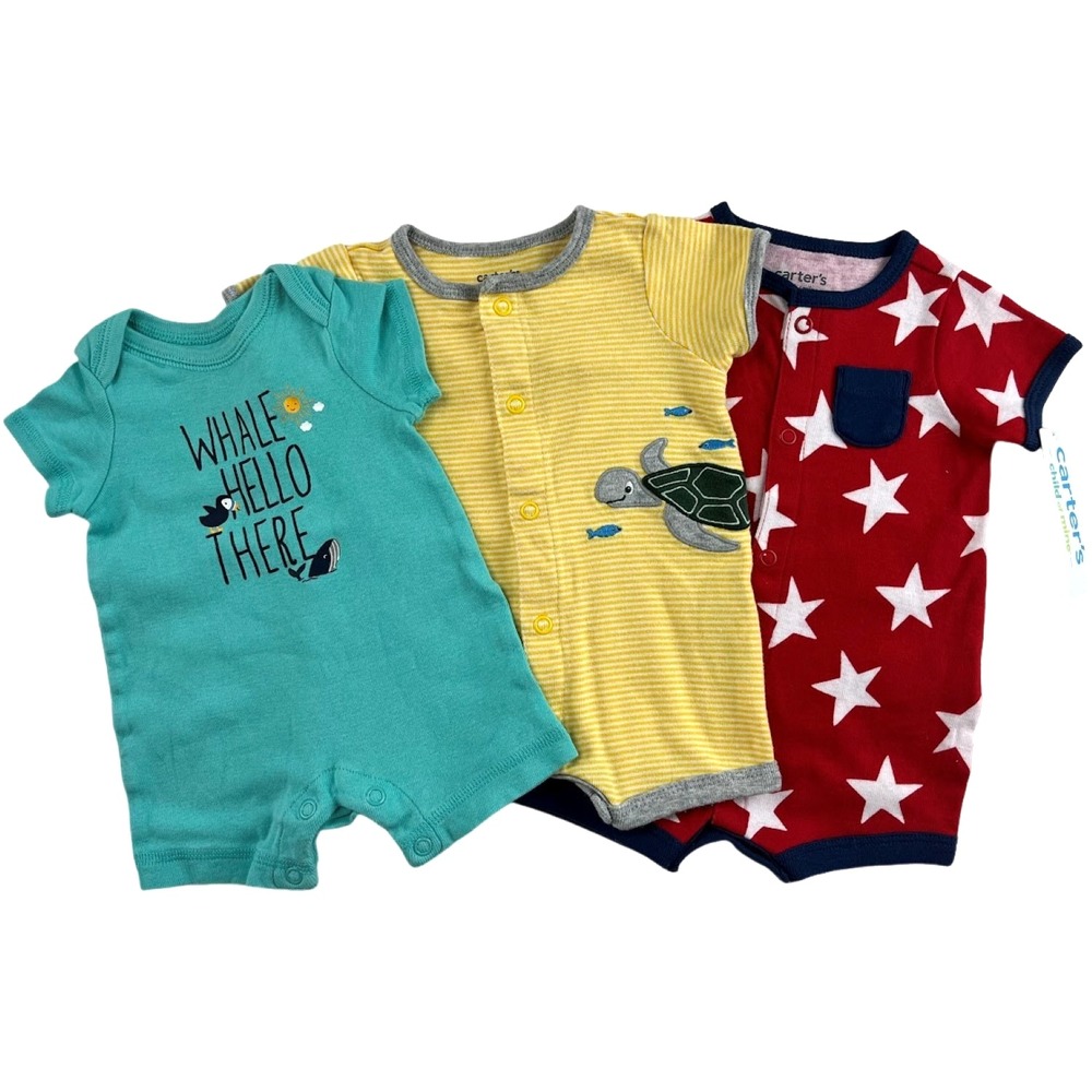 Carter's Newborn Baby Boy Shortall Romper Lot 3pc Whale Sea Turtle Stars Cotton